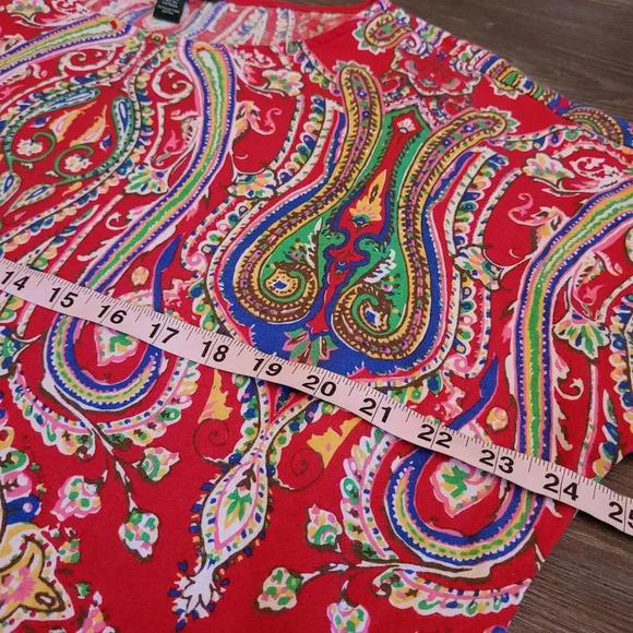 Lauren Ralph Lauren Blouse Top Women's 2X Red Cotton Paisley Short Cap Sleeves - Picture 4 of 6